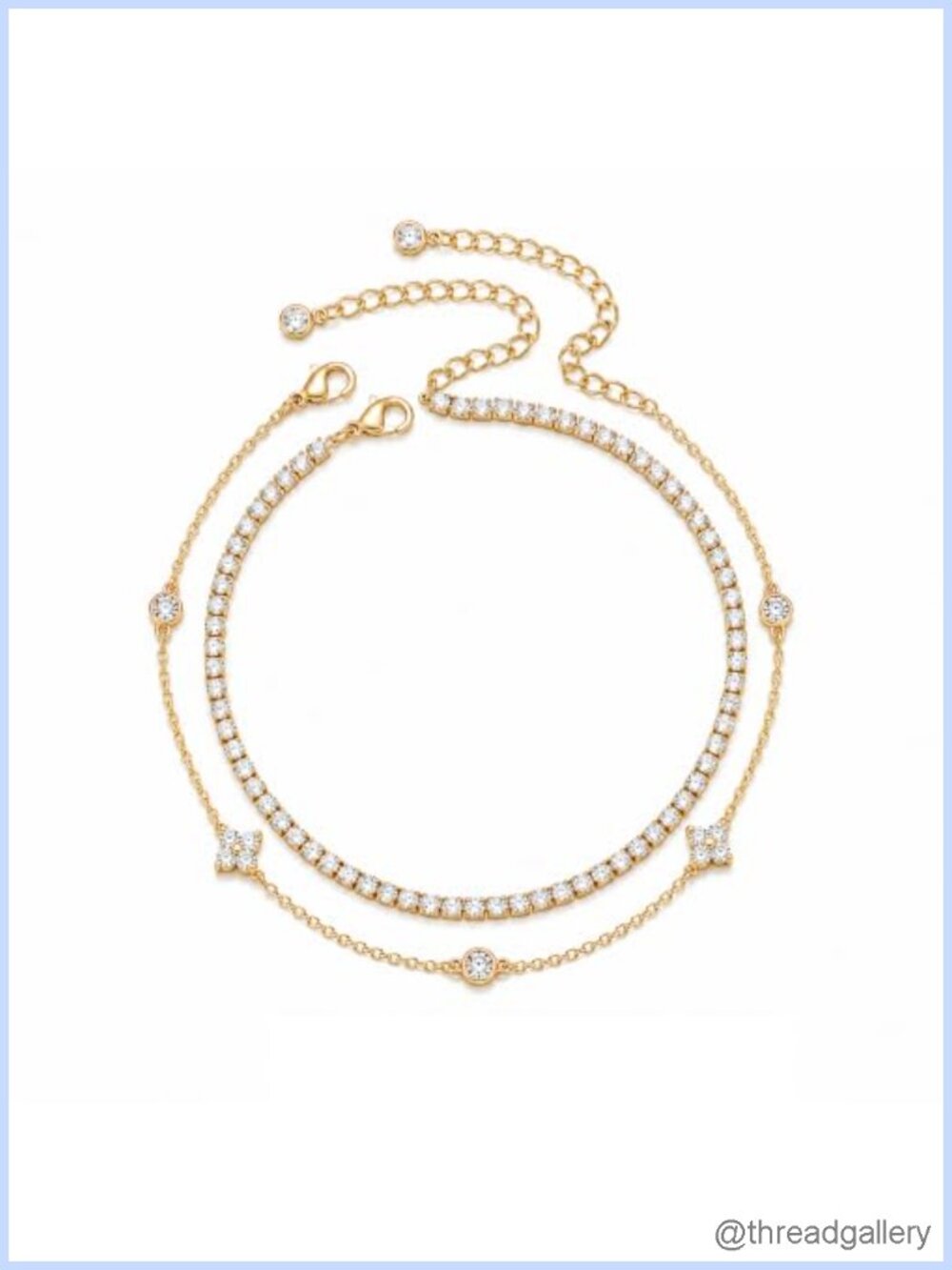 14K Gold Plated Anklet Set with Clover and Tennis Chains Adjustable